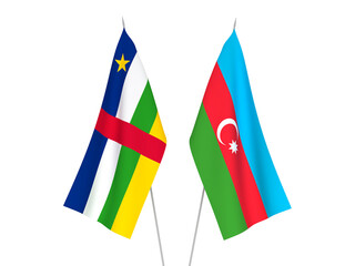 National fabric flags of Republic of Azerbaijan and Central African Republic isolated on white background. 3d rendering illustration.