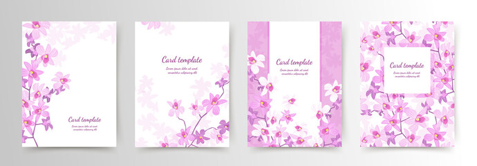 Floral card templates set. Pink orchids on a white background. Vector illustration for banners, greeting cards, posters, covers, cosmetics packaging, wedding invitations, social media template