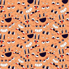 Seamless pattern of faces with different emotions on an orange background in the cartoon style of the 70s. Vector illustration