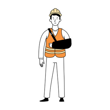Worker with injury bandage arm. Fall accident on work. Doodle line style character. Vector illustration.