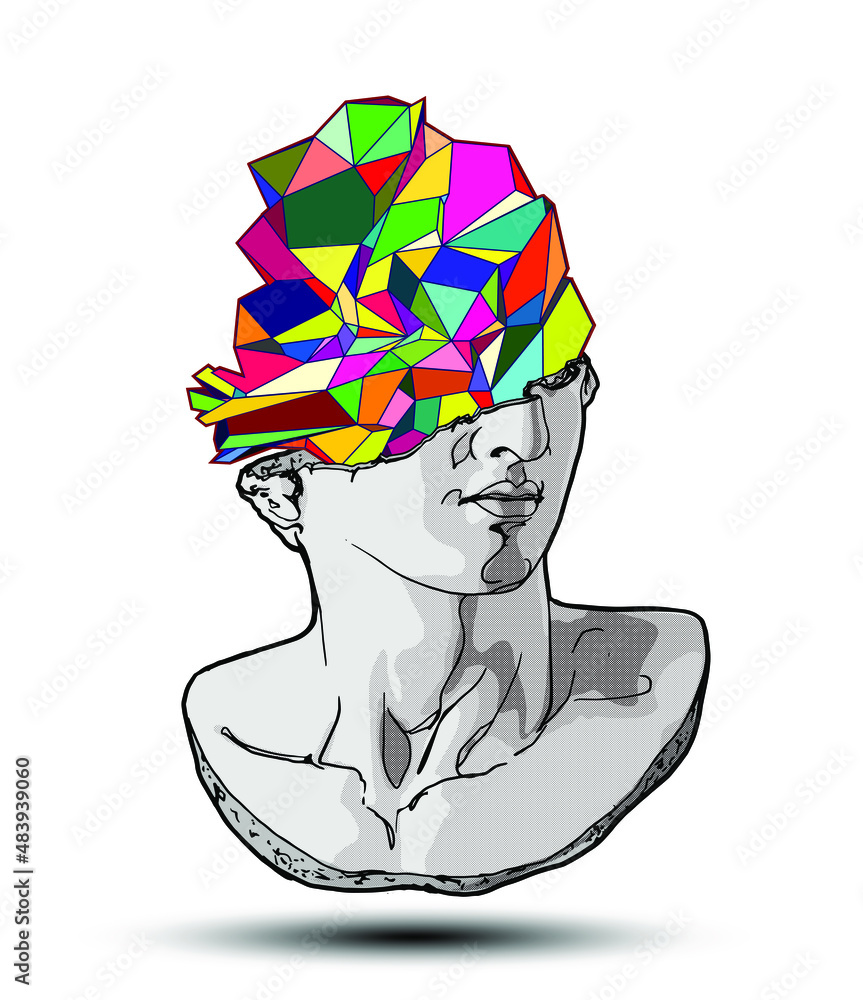 Aufkleber vector hand drawn illustration of classical sculpture fragment of colossal head with a colorful geom