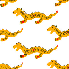 A dragon decorated with an ornament. Seamless background with dragons.