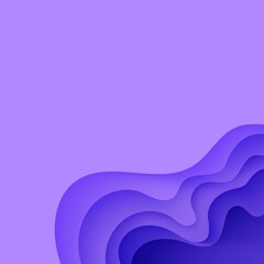 Abstract background in paper cut style. 3d violet and purple colors waves with smooth shadow. Vector card illustration with layered curved line shape. Squared composition of liquid layers in papercut.