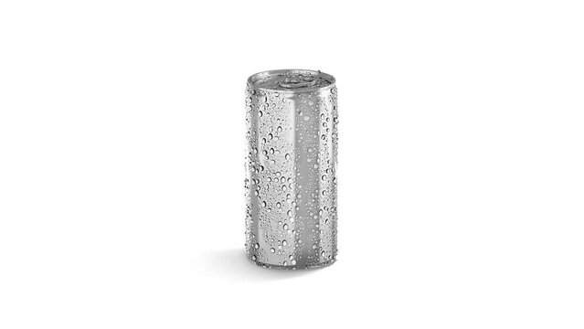 Blank silver 280 ml soda can with drops mockup, looped rotation