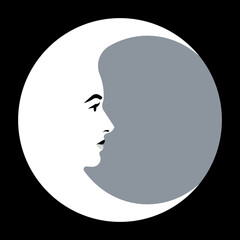 Moon face inside round shape. Abstract moon crescent with a beautiful woman's face. Astrological symbol in art deco style. Contemporary art print. Abstract Female silhouette