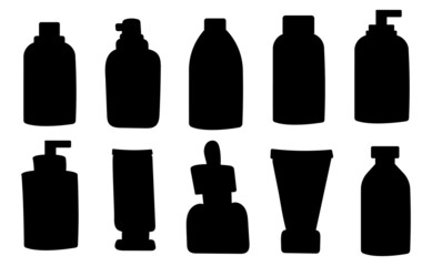  A set of bottles and tubes of cosmetics, jars for skin care with face, hair and body cream. Trendy style for postcard, banner, wrapping paper template. Vector illustration.