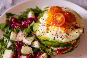 Fresh vegan food with healthy vegetables. High angle shot