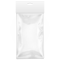 White Blank Foil Food Doy Pack Stand Up Pouch Bag Packaging With Zipper. Illustration Isolated On White Background. Mock Up, Mockup Template Ready For Your Design. Vector EPS10