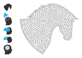Vector horse head mesh icon structure. Abstract 2d mesh horse head, designed with flat mesh. Polygonal carcass horse head icon image in lowpoly style with organized lines and other objects.