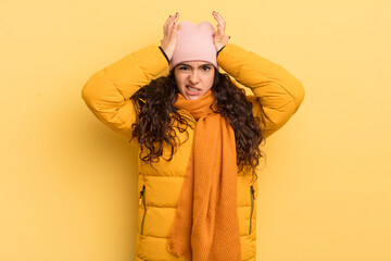 hispanic pretty woman feeling frustrated and annoyed, sick and tired of failure, fed-up with dull,...