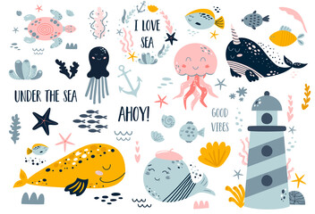 Kids sea elements set isolated on white. Ocean collection with fish, whales, lighthouse, octopus, jellyfish, turtle, sea stars, seashells, corals. Cute vector illustration. Baby sea design.