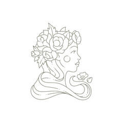 Elegant hand drawn woman portrait with floral bouquet in hair monochrome linear logo cosmetic beauty