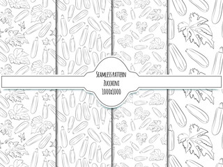 Obraz premium A set of seamless background. Vector line art style. Vegetable. Zucchini. Isolated on white background. Black and white version. 1000x1000