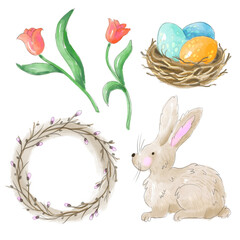 Hand-drawn set of easter elements: tulips, wreath, colors eggs, rabbit. Illustration isolated on the white background.
