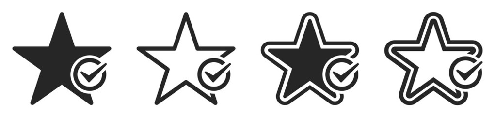 Set of star favorite icons with confirmation checkmark. Star and tick icon. Star with a check mark. Vector illustration.