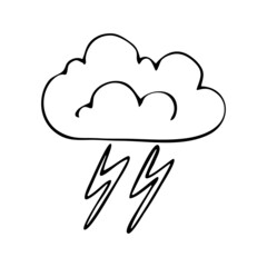The weather is stormy cloudy with lightning. Vector doodle cloud. Hand drawn meteorological forecast symbols. Cold storm season. Thin line web design icon.