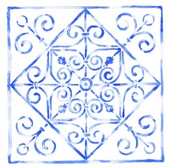 Fototapeta na wymiar Hand drawn watercolor square ornament, tile design, blue grunge vintage illustration.