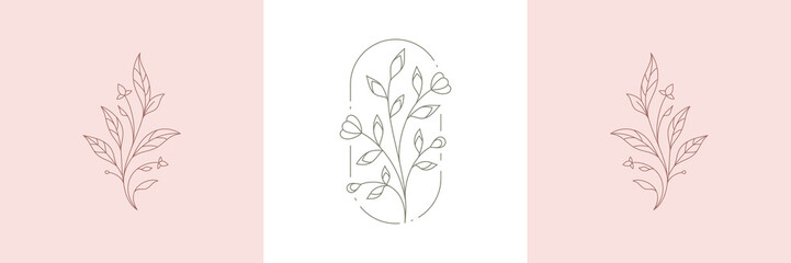 Decorative monochrome wild floral bouquet with petals, stem and leaves pastel logo set vector © provectors
