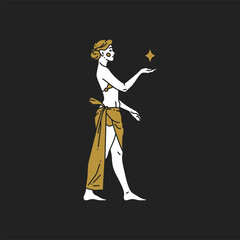Esoteric woman in antique underwear carrying star space outline minimalist logo vector illustration