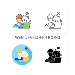 Web developer icons set. Programmer. Development web application. Workplace. Freelance professions concept.Collection of icons in linear, filled, color styles.Isolated vector illustrations