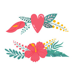 Composition of bouquet with hibiscus flowers with pink petals, tropical leaves, and floral elements on white background. Summer garden and wild flowers. Flowers esign composition with vector botanical