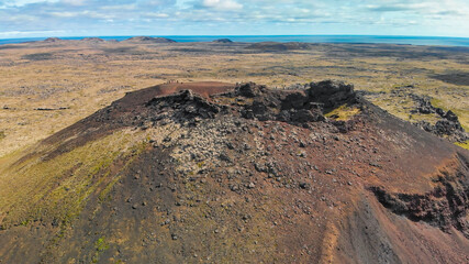 Saxholl Crater is a famous volcano in Iceland. Aerial view in summer season from drone. © jovannig