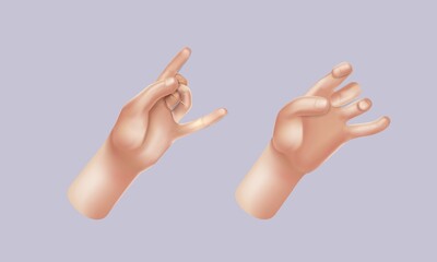 Cartoon 3d hands. Realistic vector Hand . Peace sign, ok sign tap, point out hand, high five hand Men and women arms Decoration 3d object isolated. Vector illustration
