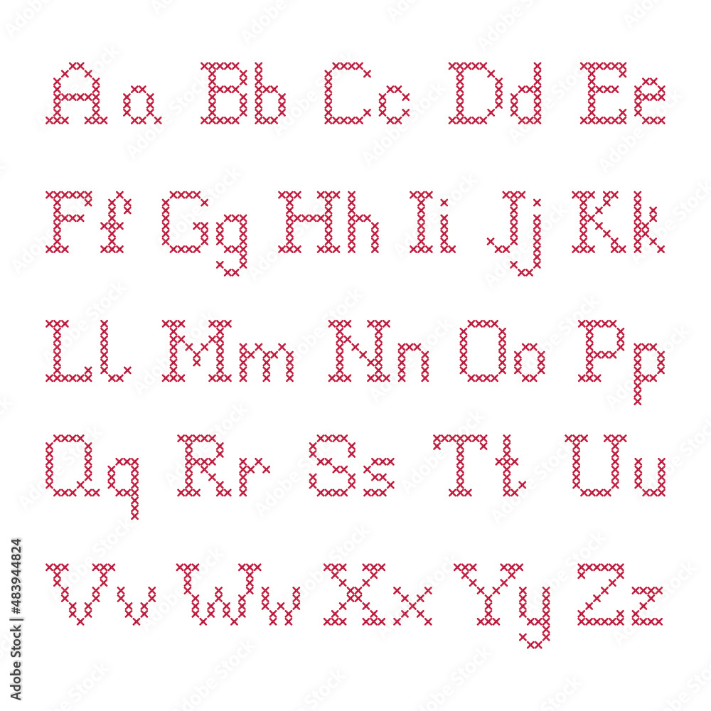 Fototapete alphabet. letters of the english alphabet made by imitation of red cross stitch. vector illustration