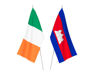 National fabric flags of Ireland and Kingdom of Cambodia isolated on white background. 3d rendering illustration.