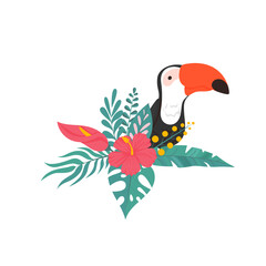 Toucan, exotic bird, tropical flowers, monstera leaves, jungle leaves. Composition bird of paradise. Cute cartoon character for children. Tropical element with toucan and monstera leaves