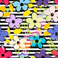 Gardinen Blumennahtloser Musterhintergrund, mit Streifen, Blättern, Strichen und Spritzern, schwarz und weiß © Kirsten Hinte