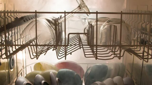 Chemical Disinfection of Dishes. View from the dishwasher to the outside. The door opens and clouds of steam burst out, illuminated by a bright light. Filmed at a speed of 120fps