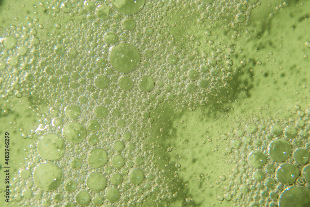 Wall mural cosmetic texture with bubbles on pastel green background. cleanser, shampoo, wash - liquid soap, sho