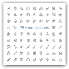 Vector line icon set of musicians playing different musical instruments