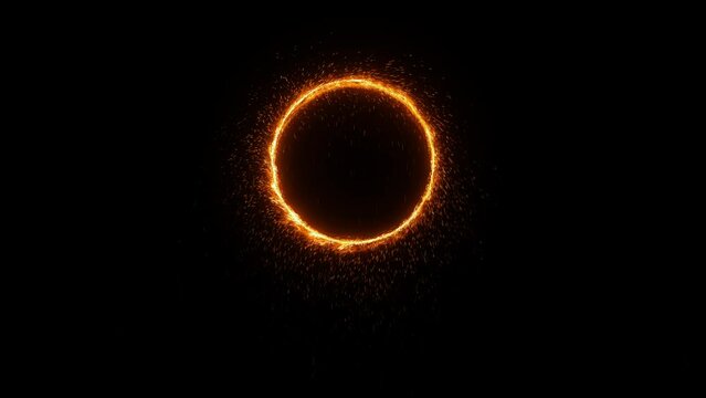 Fantastic magic portal on black background. Detailed UHD animation with intro and outro. Orange fire ring with sparkles falling down. Teleportation process.