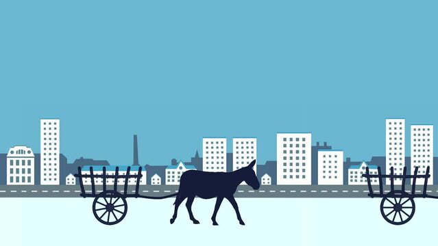 Animation with donkeys pulling a cart in the city (seamless loop)