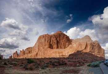 Park Avenue rock formations at Arches National Park, Utah. Canyon panoramic view at sunset.