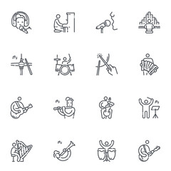 Vector editable stroke line icon set of musicians playing