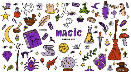 Magic hand drawn doodle set. Vector icons of magic items. Collection halloween elements. Magic broom, potions, fortune-telling cards, runes, books, magic wand, hourglass
