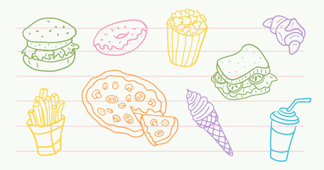 Fast Food Set in Doodle style. Hand drawn Illustration. Isolated vector.	