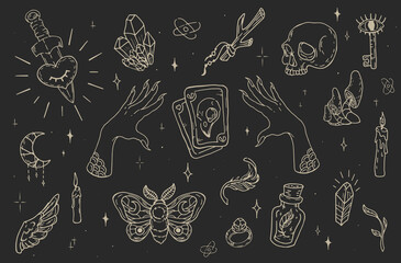 Witchcraft set with mystic symbols   crystals, tarot cards, witch hands and scull. Magic hand drawn illustration on dark background.