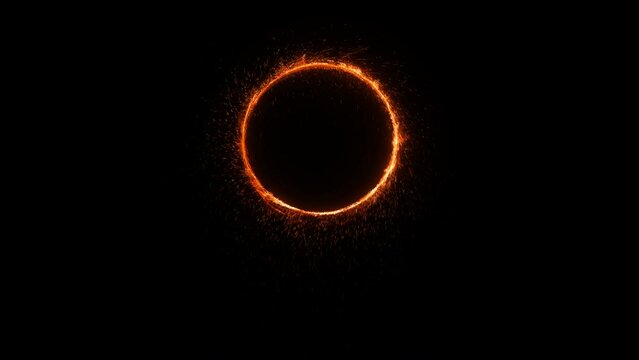 Fantastic magic portal on black background. UHD seamless looped animation. Orange fire ring with sparkles falling down.