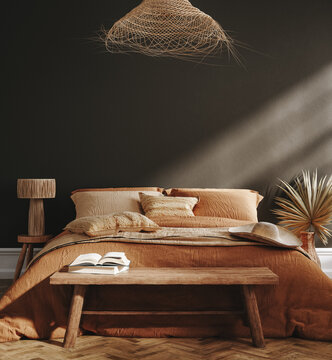 Home mockup, dark bedroom interior background with rattan furniture, 3d render