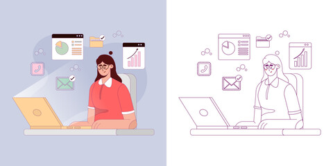 Illustration Concept Of a Woman Working On Laptop, Good For Banner And Landing Page