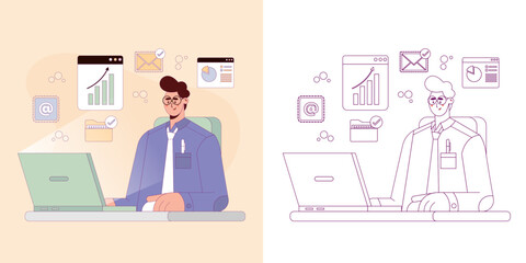 Illustration Concept Of a Man Working On Laptop, Good For Banner And Landing Page