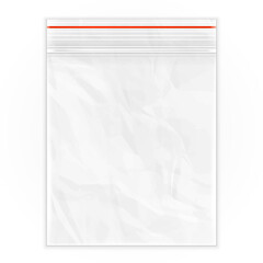 Blank Flat Poly Clear Bag Empty Plastic Polyethylene Pouch Packaging With Zipper, Ziplock. Illustration Isolated On White Background. Mock Up Template. Ready For Your Design. Vector EPS10