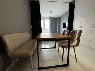 interior of a kitchen with bed and curtain