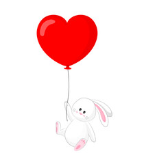 Rabbit character with heart air balloon for valentines day. Cute cartoon bunny, vector illustration.