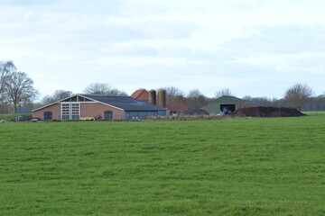 backsite of a farm with stables,  fodder silo, silage pile, green hay bales  and a tractor