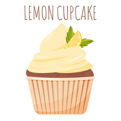 Delicious cupcake with yellow cream lemon and mint leaf. Cute dessert isolated on a white background